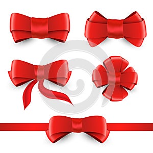 Vector red bow and ribbon. Shiny red satin bows set isolated on white background for your design