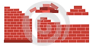 Vector red brick wall set. Construction site illustration