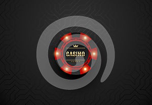 Vector red casino poker chip with luminous light elements. Black silk geometric background. Blackjack or online casino web banner