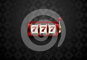 Vector red casino slot machine with lucky seven. Dark silk geometric card suits background. Online casino web banner