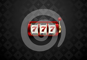Vector red casino slot machine with lucky seven. Dark silk geometric card suits background. Online casino web banner photo
