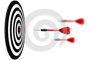 Vector red dart arrows flying to target dartboard. Metaphor to target success, winner concept. Isolated on white background.