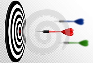 Vector red dart arrows flying to target dartboard. Metaphor to target success, winner concept. Isolated on white transparent