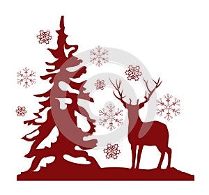Vector red deer, tree and snowflakes Christmas card.