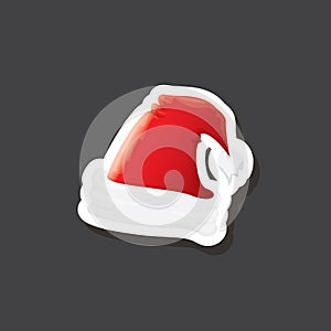 vector red funky Santa Claus hat sticker icon or label isolated on grey background. merry christmas design element for