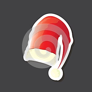 vector red funky Santa Claus hat sticker icon or label isolated on grey background. merry christmas design element for