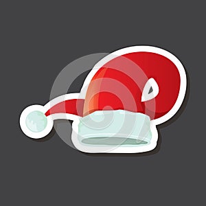 vector red funky Santa Claus hat sticker icon or label isolated on grey background. merry christmas design element for