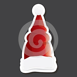 vector red funky Santa Claus hat sticker icon or label isolated on grey background. merry christmas design element for