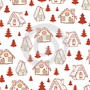 Vector red gingerbread houses and Christmas trees seamless pattern background. Perfect for winter holiday fabric