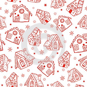 Vector red gingerbread houses seamless pattern background. Perfect for winter holiday fabric, giftwrap, scrapbooking