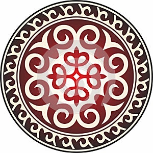 Vector red and gold round Kazakh national ornament.