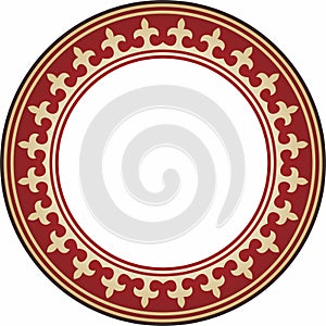 Vector red and gold round Kazakh national ornament.