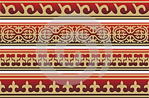 Vector red and gold seamless Kazakh national ornament.