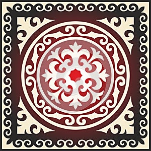 Vector red with gold Square Kazakh national ornament.