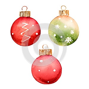 Vector red and green balls set on white background. Watercolor Christmas tree decorations