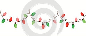 Vector Red Green Holiday Christmas New Year Intertwined String Lights Isolated Horizontal Seamless Border Background