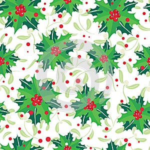 Vector red, green, holly berry bunches and mistletoe holiday seamless pattern background. Great for winter themed