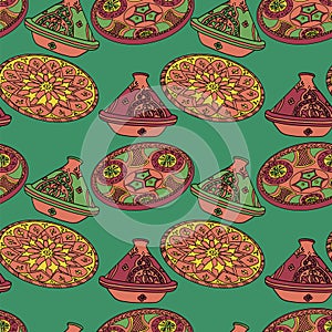 Vector red and green seamless pattern of arabic crockery.