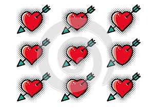 Vector red heart pierced by arrow set