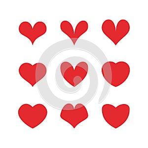 Vector red hearts icons set.