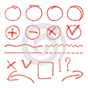 Vector red highlight elements. Circles, arrows, check marks, cross signs and lines