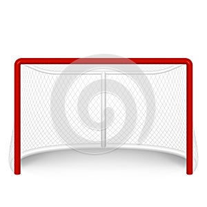 Vector red hockey goal, net. on white.