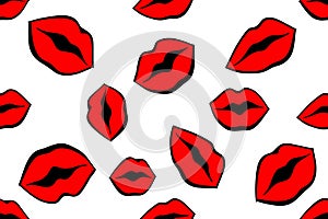 Vector red lips seamless pattern. Female hand drawn mouth icon. Wallpaper, graphic background, fabric, textile, print