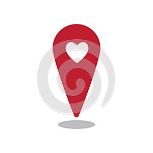 Vector Red location pin icon with heart shape love. Position marker isolated on white background. Pin map design element