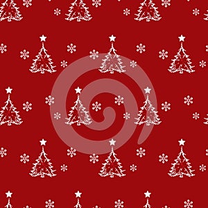 Vector red monochrome small elegant sparkling christmas tree with star and snowflakes seamless background. Suitable for