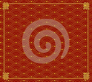 Vector Red Orintal Ornament, Wave Shapes, Circles Background, Red and Gold Colors, Backdrop.