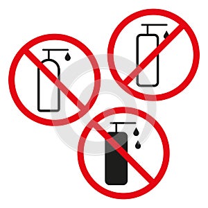 Vector red prohibition sign. No dispenser. Liquid soap ban. Cleanliness alert.
