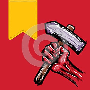 Vector red protest fist holding hammer isolated on red background. 1 may Labor day concept illustration with hand drawn