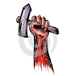 Vector red protest fist holding hammer isolated on white background. 1 may Labor day concept illustration with hand