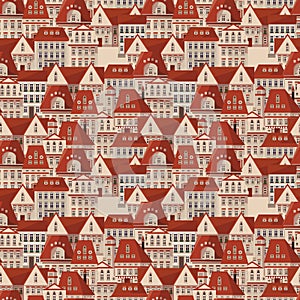 Vector red roofs seamless pattern. Modern town houses panorama