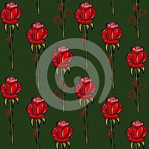 Vector Red Rose flower seamless pattern. Bordo background, Allover print, aop, floral pattern photo