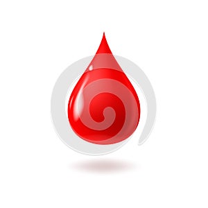 Vector red shiny blood drop on white background. 3d realistic render vector icon
