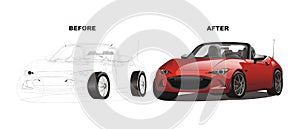 Vector of before after red sport car drawing