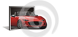 Vector of red sport car out from tv