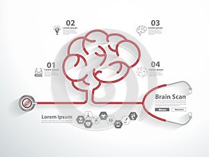 Vector red stethoscope in shape of brain scan