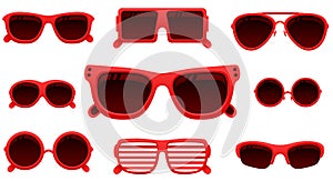 Vector red sunglasses illustration set.