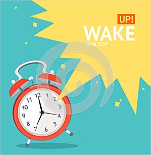 Vector red wakeup clock card. Flat Design photo