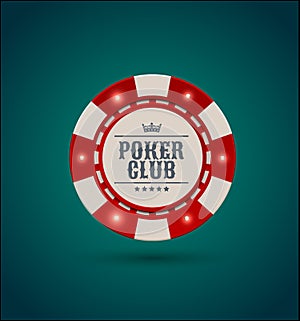 Vector red white casino poker chip with luminous light elements. Blue green background. Poker club text, blackjack