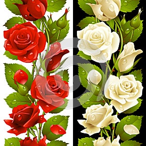 Vector red and white rose vertical seamless patter