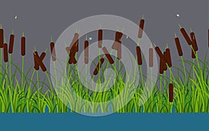 Vector reed stems plants with leaves and grass on the river and lake water. Seamless pattern on dark style background