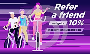 Vector Refer a friend discount,banner with group of people on exercycles in spinning class