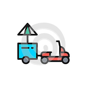 Vector refrigerator scooter food truck flat color line icon.
