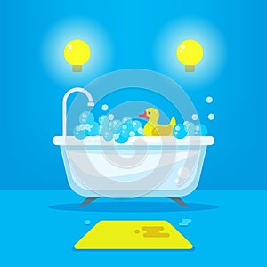 Vector relax in bathroom concept background. Bathtub with bubbles and rubber duck