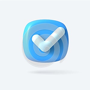 Vector Render 3d of Right Check Mark box. Blue Approvement icon or emblem.