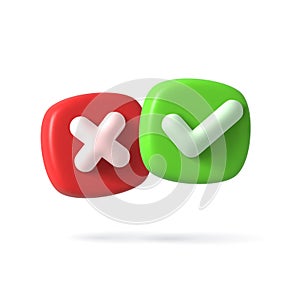 Vector Render 3d of Right Check Mark and Cross Icon. Green and Red. Approvement icon or emblem.