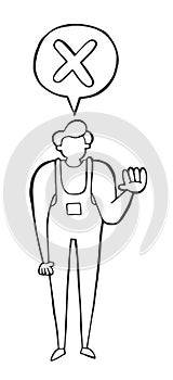 Vector repairman giving thumbs down. Hand drawn illustration. Black outlines, white background